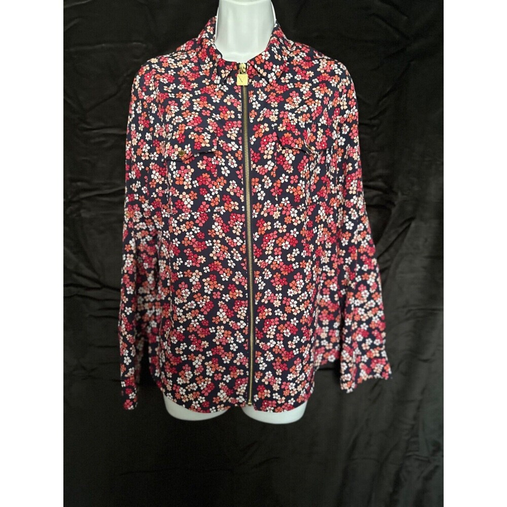 Michael Kors, Women Shirt Red Black  Floral Full Zip Roll Tab Long Sleeve Size L